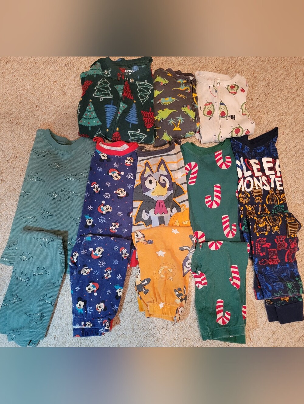 3T Toddler Boy 8 PJ Lot Bluey Disney Mickey Old Navy Carter Christmas Halloween